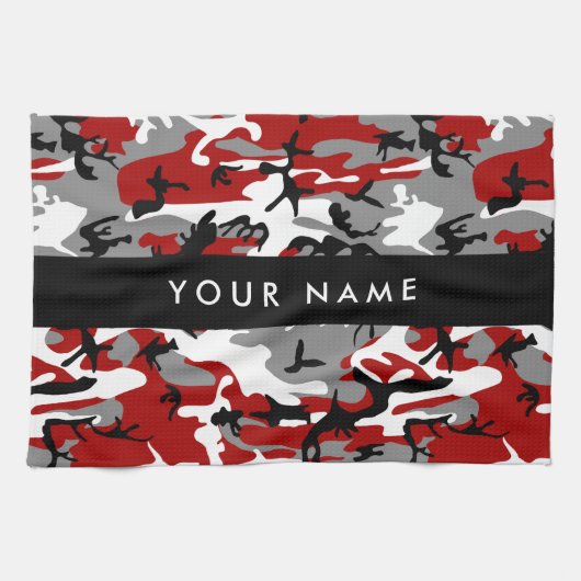 Rood en grijs Camouflage Jouw naam Personaliseren Theedoek (Horizontaal)