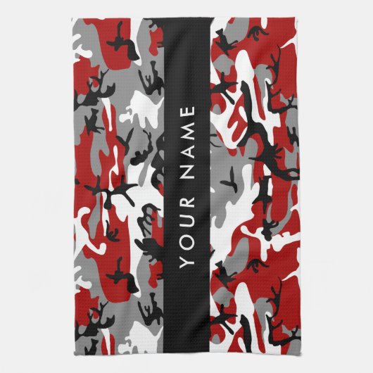Rood en grijs Camouflage Jouw naam Personaliseren Theedoek (Verticaal)
