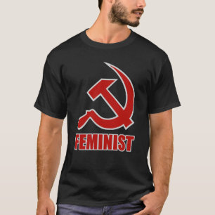 Rood en grijs feministische hamer en sikkel op zwa t-shirt