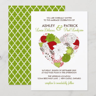 Rood en grijs Floral Heart Whimsical Wedding Kaart