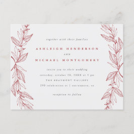 Rood en grijs handgetekend botanisch Wreath Weddin Uitnodiging Briefkaart