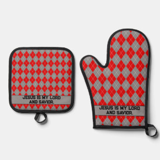 Rood en grijs Jezus is mijn redder oven Mitt & Pot Ovenwant & Pannenlap Set