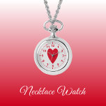 Rood en grijs liefdeshart Ketting Watch<br><div class="desc">Ketting Horloge cadeau. Met een rood liefdeshart en kloknummers op een grijze achtergrond.</div>