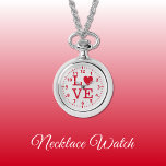 Rood en grijs Love Ketting Watch<br><div class="desc">Ketting Horloge cadeau. Met het woord 'love' en een hartvorm ter vervanging van de letter O. Rood en grijs.</div>