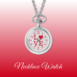 Rood en grijs Love Ketting Watch<br><div class="desc">Ketting Horloge cadeau. Met het woord 'love' en een hartvorm ter vervanging van de letter O. Rood en grijs.</div>