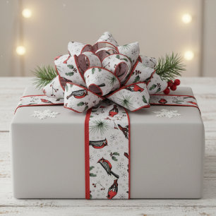 Rood en grijs Rode Kardinaal Vogels en Holly Patte Grosgrain Lint