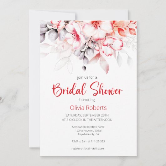 Rood en Grijs Waterverf Bloemen Vrijgezellenfeest Kaart (Voorkant)