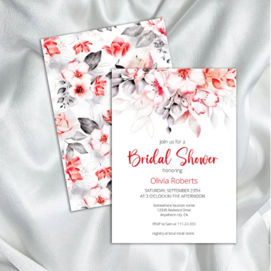 Rood en Grijs Waterverf Bloemen Vrijgezellenfeest Kaart