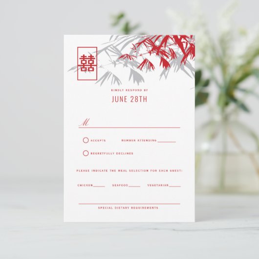 Rood en grijs Zen Bamboo laat Chinees huwelijk RSV Kaart (Staand voorkant)