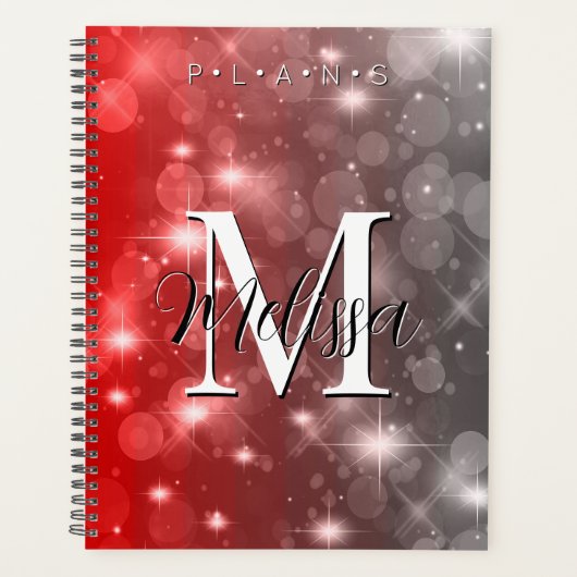 Rood- en grijze bokeh Modern monogram sparkle Plan Planner (Voorkant)