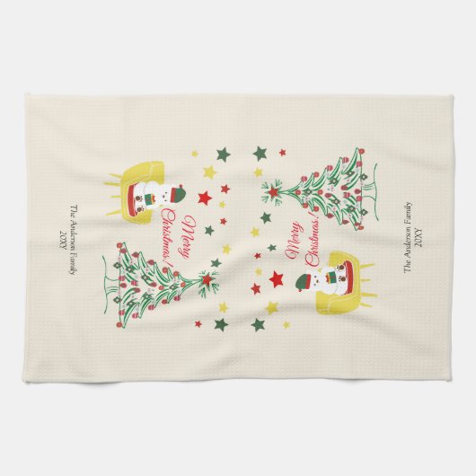 Rood en Groen Beer Boom Modern Vrolijk Kerstfeest Theedoek (Horizontaal)