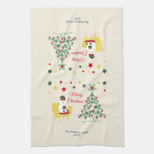 Rood en Groen Beer Boom Modern Vrolijk Kerstfeest Theedoek (Verticaal)