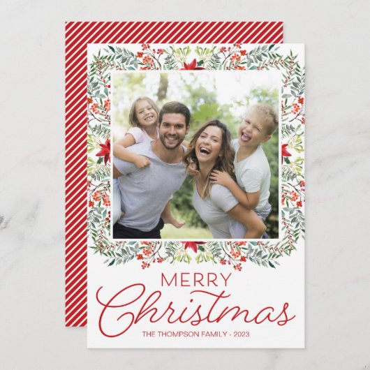 Rood en Groen Bloemen Foto Kerstmis Kaarten (Voorkant / Achterkant)