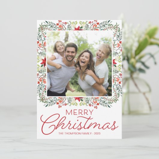 Rood en Groen Bloemen Foto Kerstmis Kaarten (Staand voorkant)