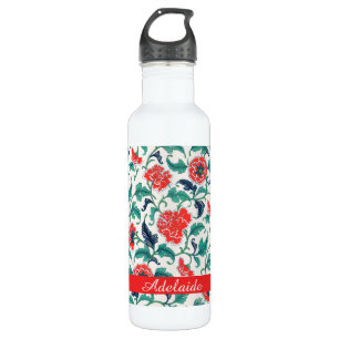 Rood en Groen Bloemen Patroon Monogram Naam Waterfles