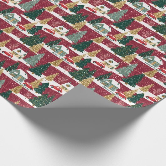 Rood en Groen Bos Kerst Dorp Cadeaupapier (Hoek)