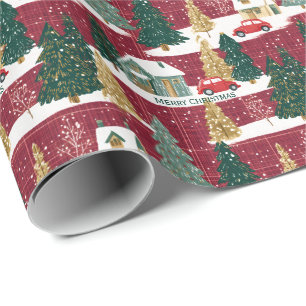 Rood en Groen Bos Kerst Dorp Cadeaupapier