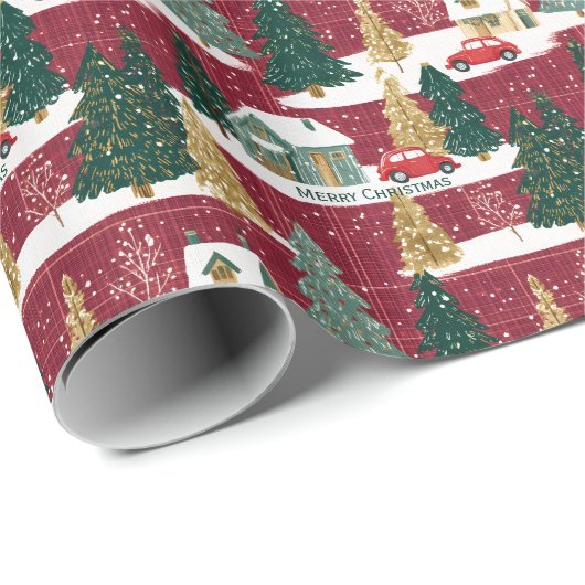 Rood en Groen Bos Kerst Dorp Cadeaupapier (Rol Hoek)