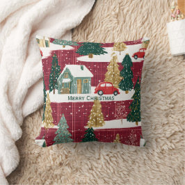 Rood en Groen Bos Kerst Dorp Kussen