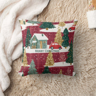 Rood en Groen Bos Kerst Dorp Kussen