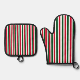 Rood en Groen Candy Cane Christmas Stripes Ovenwant & Pannenlap Set