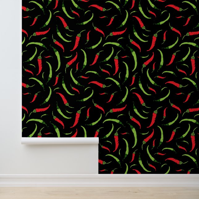 Rood en Groen Chili Peppers Patroon op Zwart Behang (Applicatie)