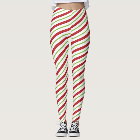 Rood en groen diagonaal gestreept snoeprietpatroon leggings (Voorkant)