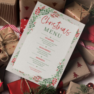 Rood en Groen Feestelijk Bloemen Kerstdiner Menu Kaart