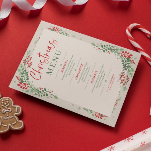 Rood en Groen Feestelijk Bloemen Kerstdiner Menu Kaart