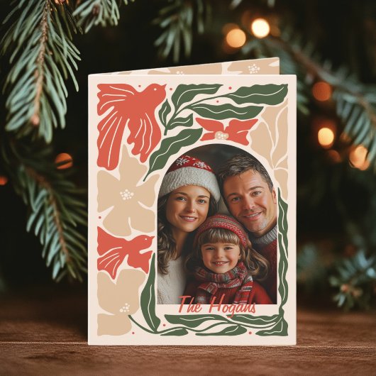 Rood en groen Folk Art 2 Foto Vouwkaart Feestdagen Kaart
