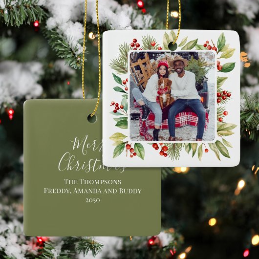 Rood en groen gebladerte Foto Kerstmis Keramisch Ornament