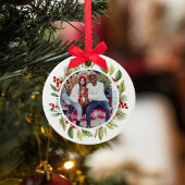Rood en groen gebladerte Kerstfoto Keramisch Ornament