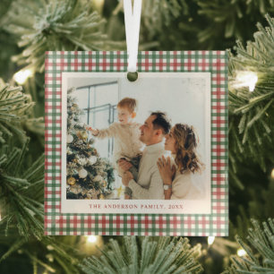 Rood en groen geruit foto glas ornament
