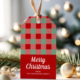 Rood en groen geruit vrolijk kerstfeest cadeaulabel