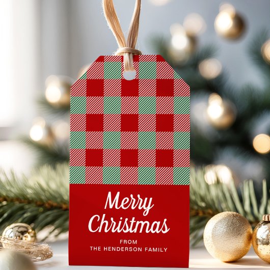 Rood en groen geruit vrolijk kerstfeest cadeaulabel