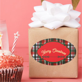 Rood en groen geruit vrolijk kerstfeest ovale sticker