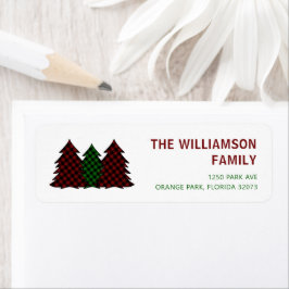 Rood en groen geruite kerstbomen feestelijk etiket