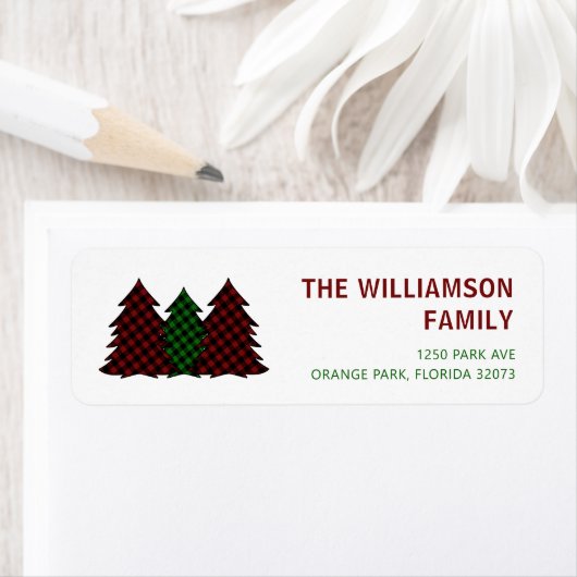 Rood en groen geruite kerstbomen feestelijk etiket (Insitu)