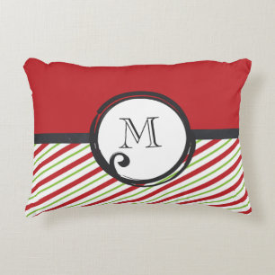 Rood en groen gestreept patroon met monogram decoratief kussen