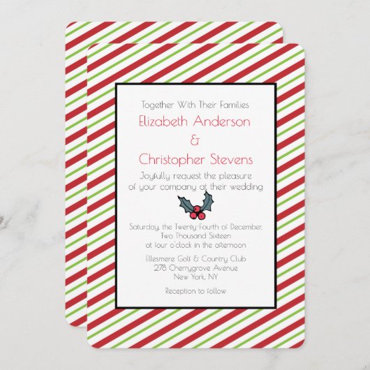 Rood en groen gestreepte kerst bruiloft uitnodigin kaart (Voorkant / Achterkant)