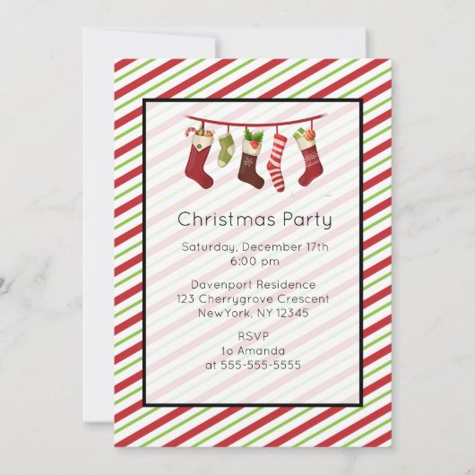 Rood en groen gestreepte kerstfeest uitnodiging (Voorkant)
