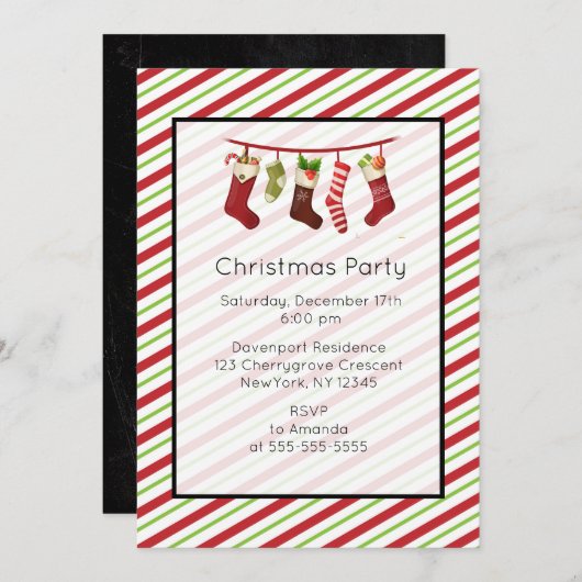 Rood en groen gestreepte kerstfeest uitnodiging (Voorkant / Achterkant)