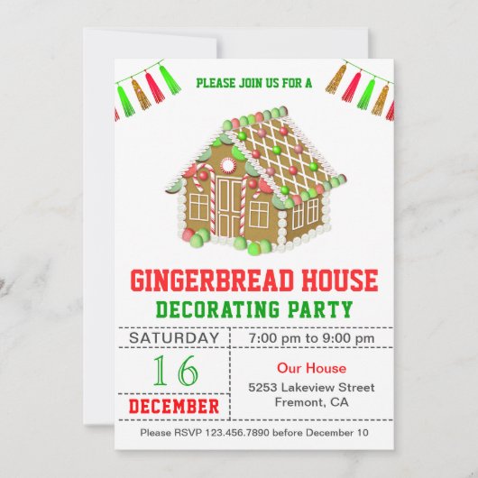 Rood- en Groen Gingerbrood House Decorting Party Kaart (Voorkant)