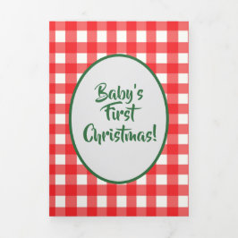 Rood en groen Gingham Foto baby's eerste Kerstmis Drieluik Wenskaart