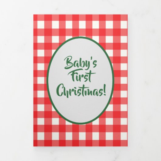 Rood en groen Gingham Foto baby's eerste Kerstmis Drieluik Wenskaart (Cover)