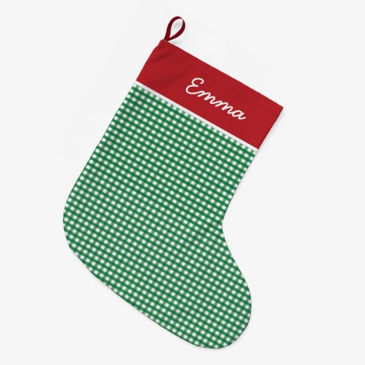 Rood en Groen Gingham Naam Monogram Grote Kerstsok (Voorkant (Hangend))