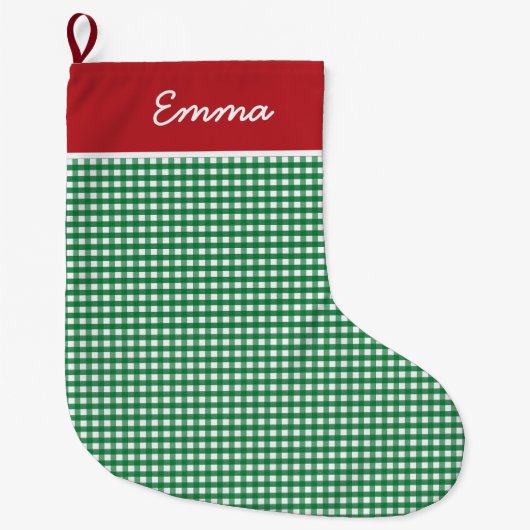 Rood en Groen Gingham Naam Monogram Grote Kerstsok (Voorkant)