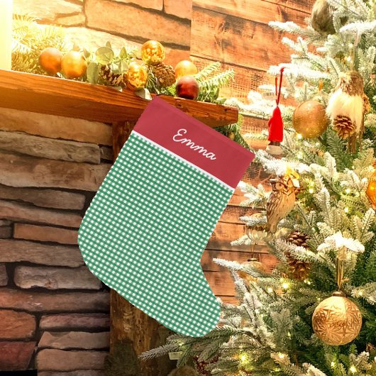 Rood en Groen Gingham Naam Monogram Grote Kerstsok