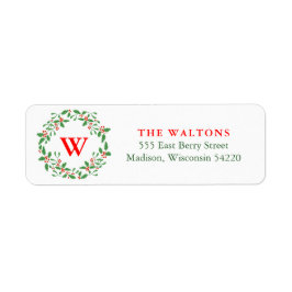 Rood en Groen Holly Berry Wreath Monogram Etiket