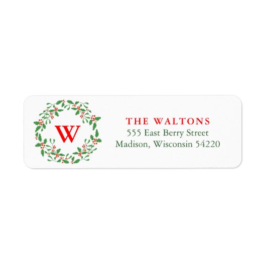 Rood en Groen Holly Berry Wreath Monogram Etiket (Voorkant)